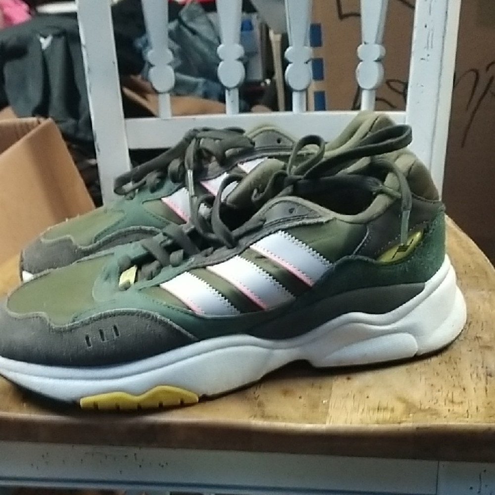 Adidas Olive and White Sneakers with Yellow Detail
